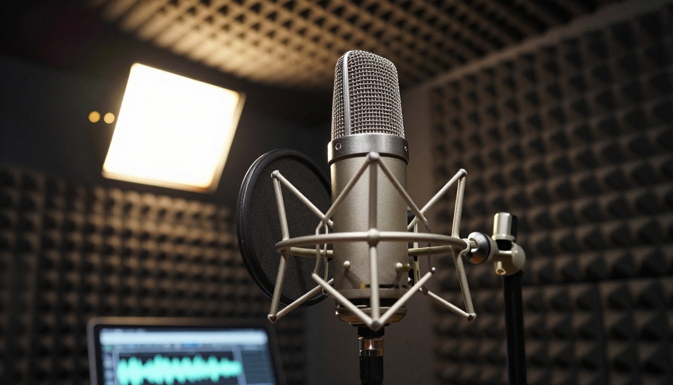 A low-angle upward shot of a professional condenser microphone in a recording booth with charcoal acoustic foam panels