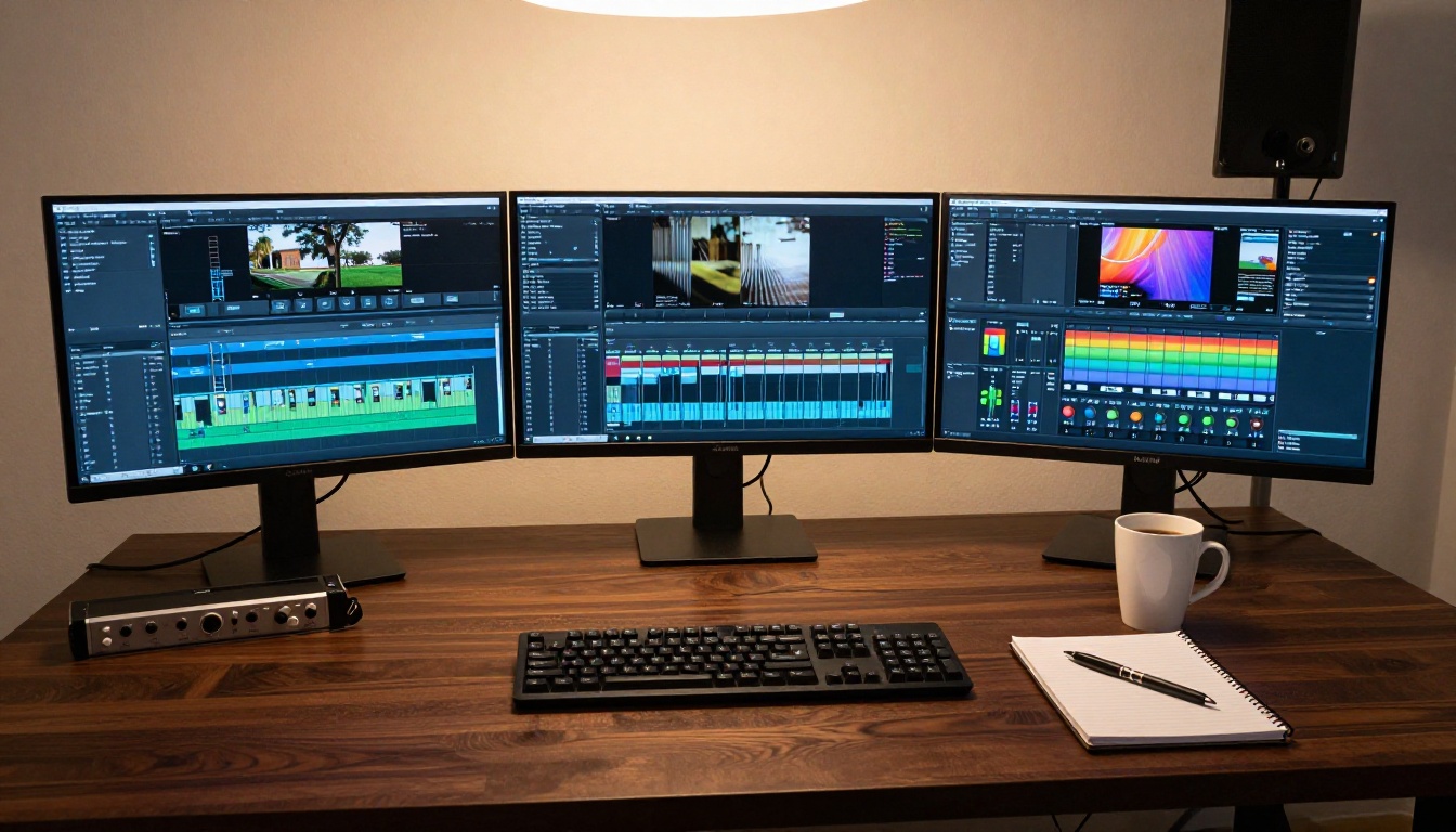 Professional dual-monitor video editing workstation with color grading panel