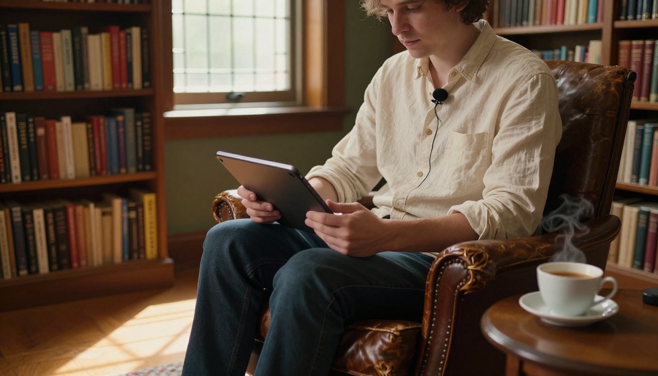 A person reading from a tablet in a leather armchair in a home library with warm afternoon light, recording audio with a lapel mic
