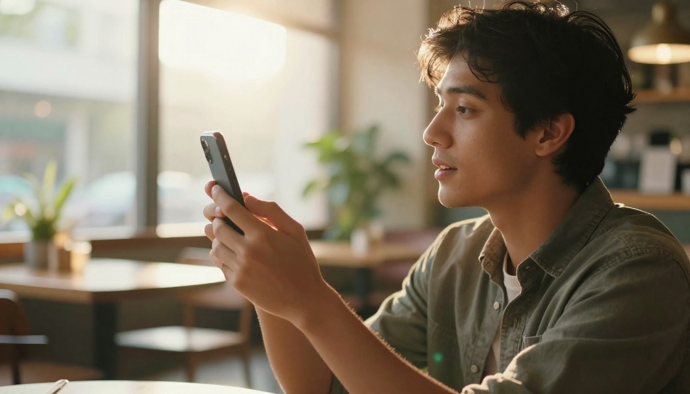 Young man recording himself with smartphone in café with natural backlight