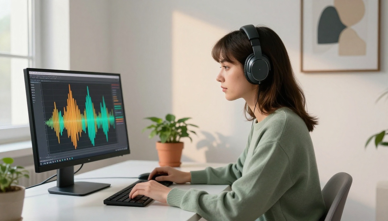 A side-profile of a young woman at a minimalist white desk looking at frequency bars on a monitor, wearing headphones around her neck