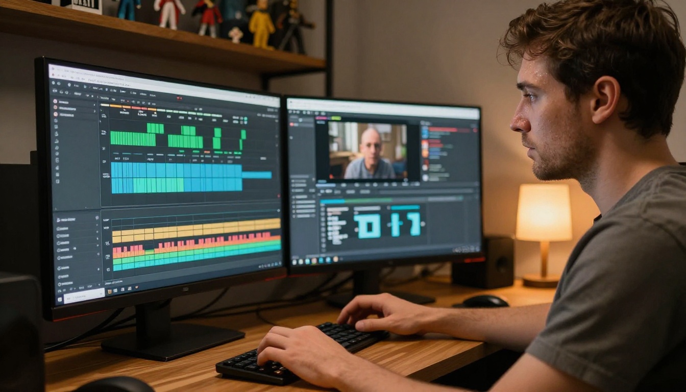 YouTube video editor working at ultrawide monitor setup with audio waveform visible on timeline