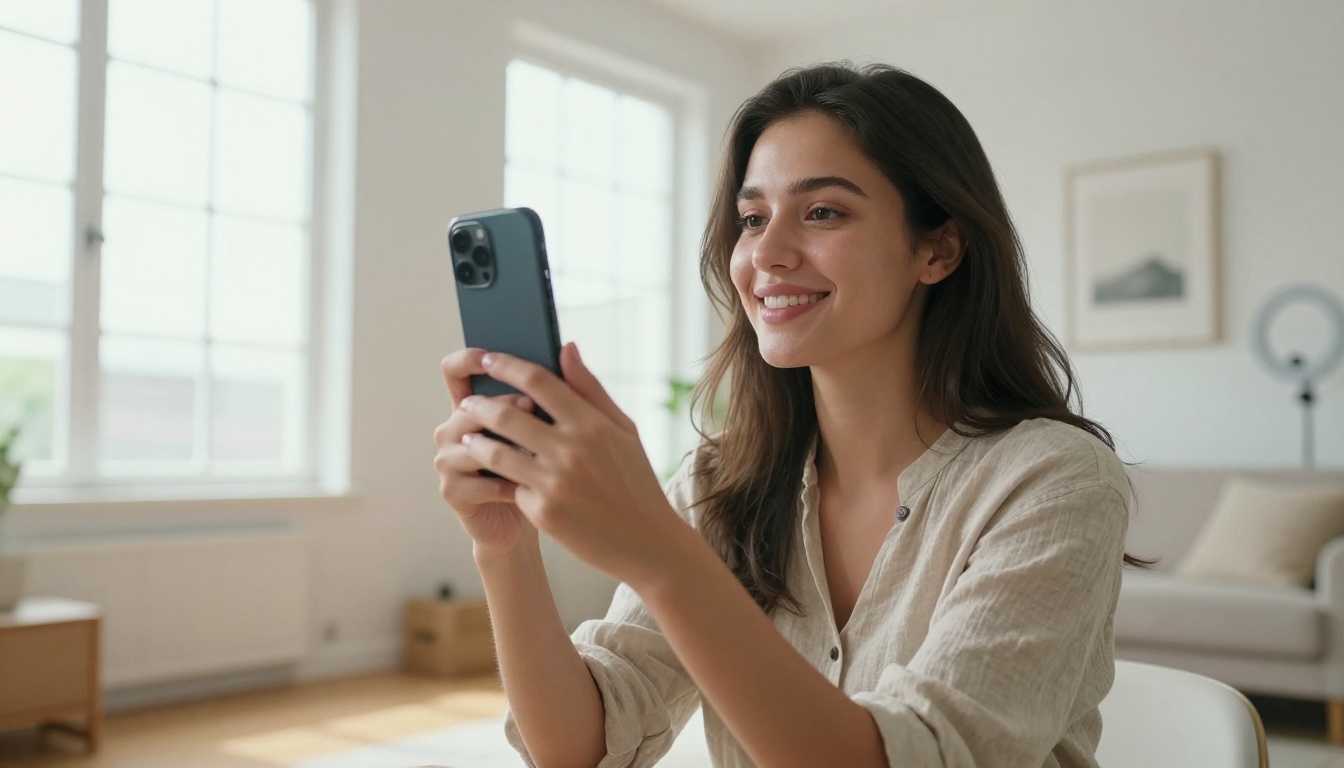Woman recording a Reels video in minimal living room with natural window light