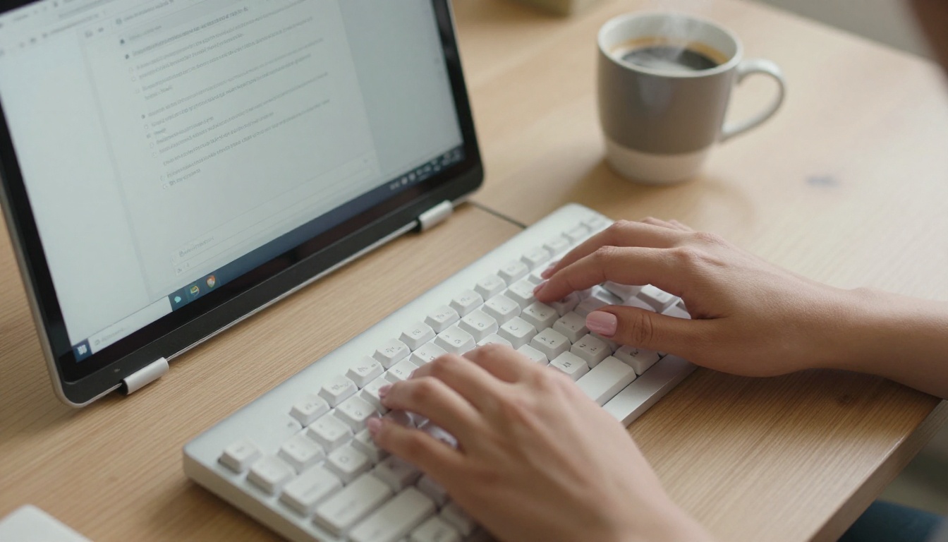 Aerial view of hands typing on keyboard with laptop and coffee on clean desk