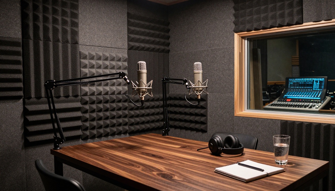Professional podcast recording studio with dual microphones and acoustic foam panels