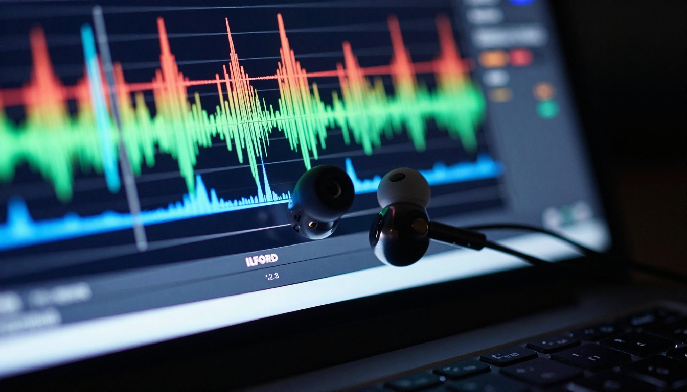 Close-up macro of laptop screen showing colorful audio waveform visualization