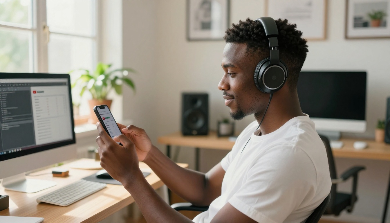 Young Black creator checking YouTube analytics with headphones at home office in morning light