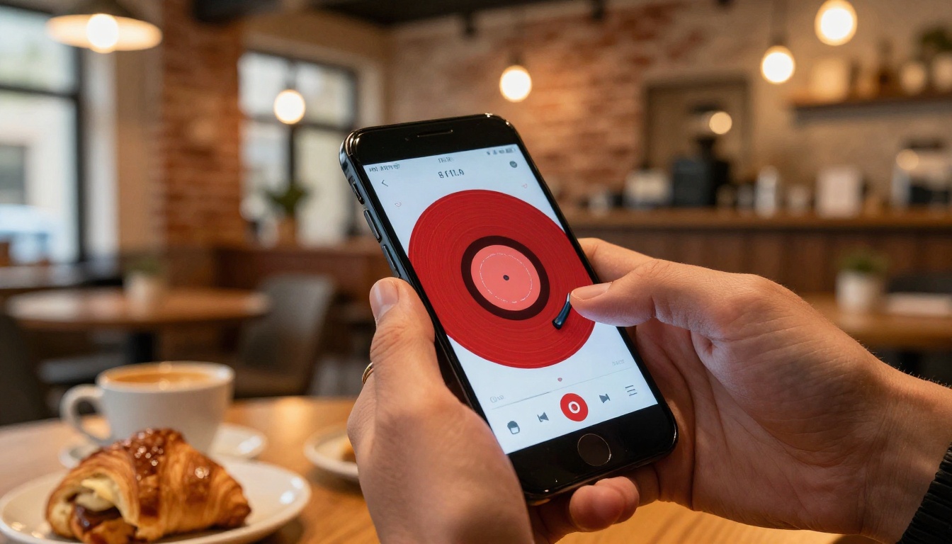 Hands holding smartphone with audio recording app interface in warm evening apartment