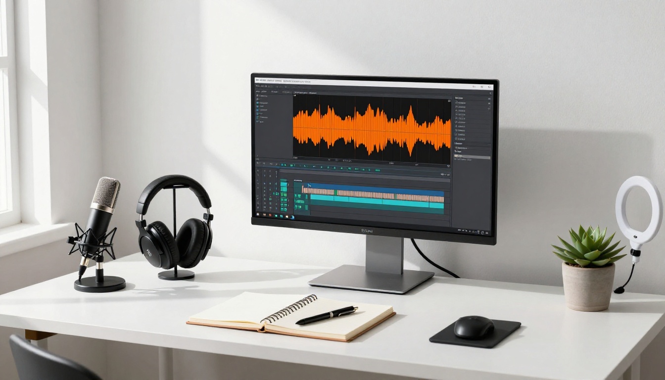 Minimal creator workspace desk with monitor, condenser microphone, and headphone stand under soft window light