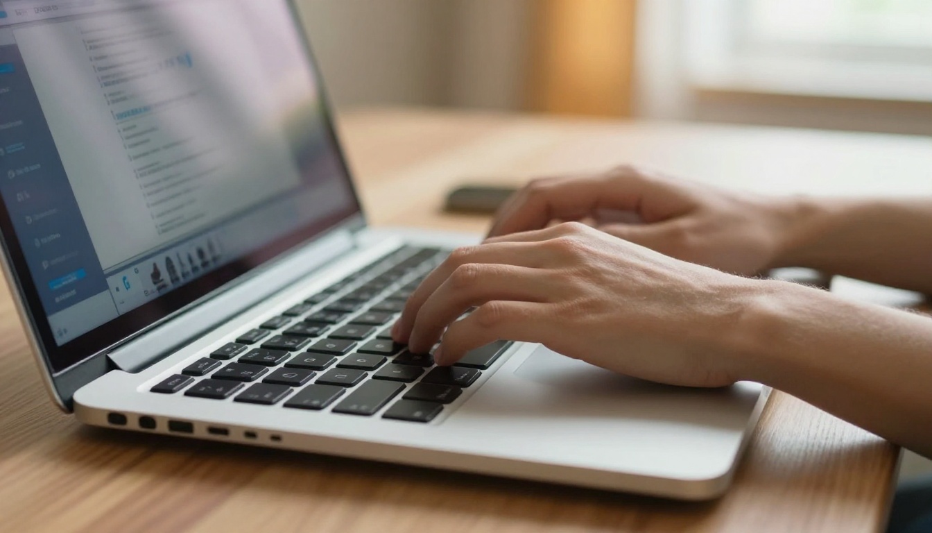Hands typing prompts into a music generation interface on a laptop