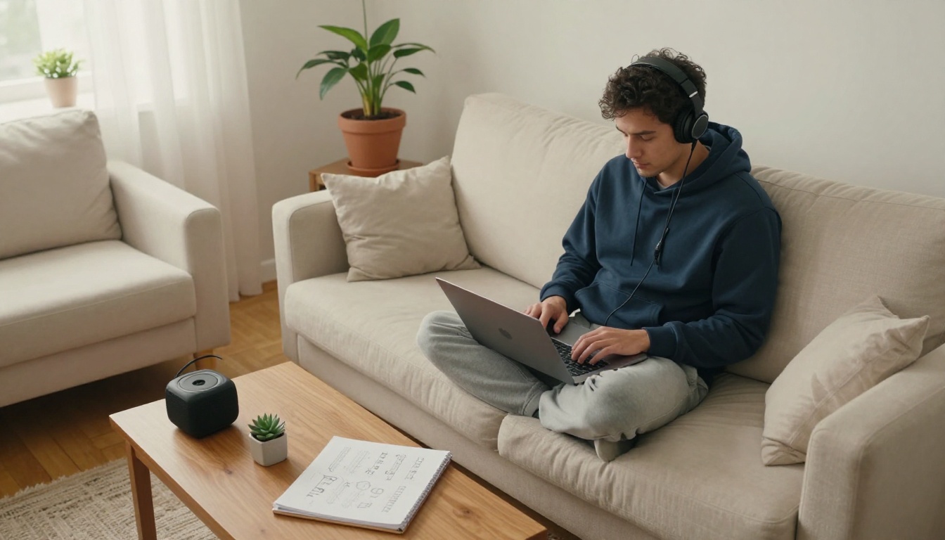 Aerial view of a person with laptop and headphones on a sofa in a cozy living room