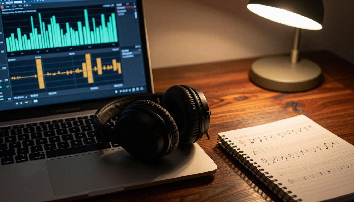 Laptop screen showing audio waveform and frequency spectrum interface