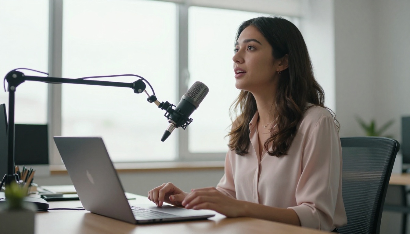 Content creator speaking into a podcast microphone at a standing desk