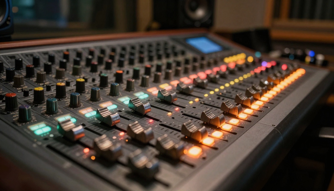 Professional audio mixing board with faders and LED meters in a recording studio