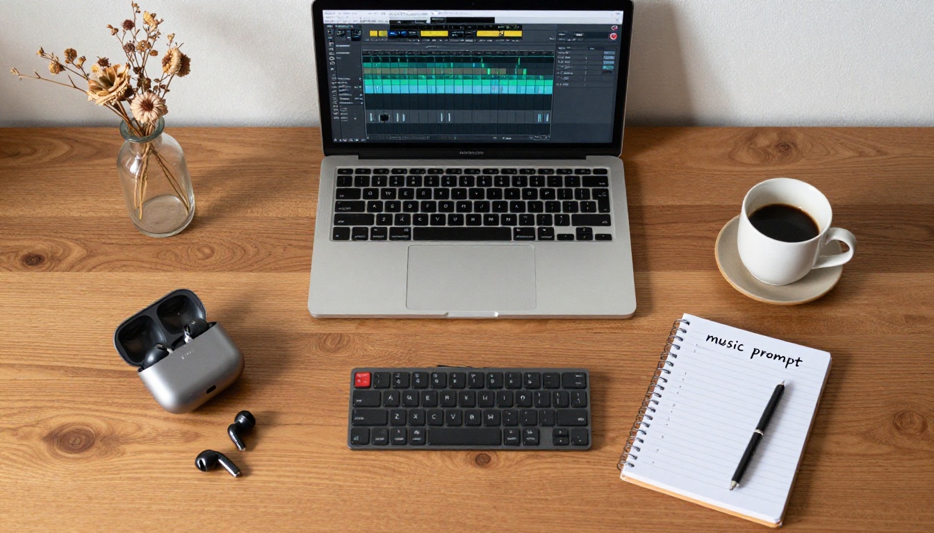 Overhead flat-lay of a music production workspace with notebook, earbuds, and espresso