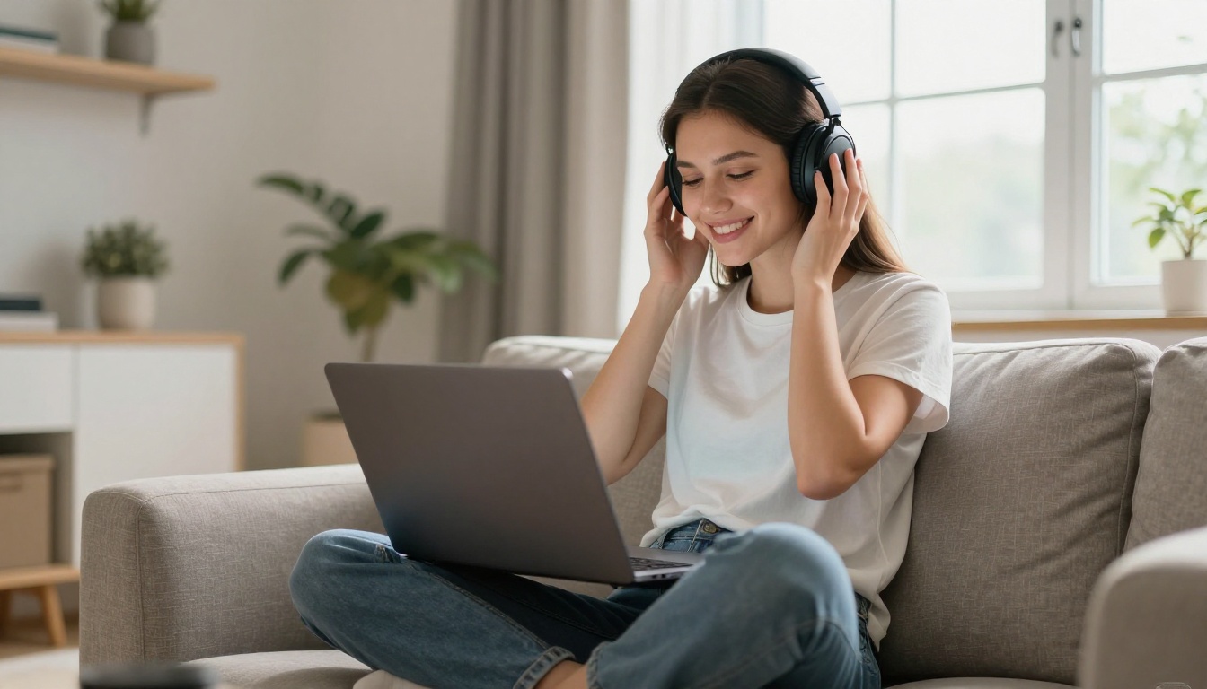 Young woman sitting on couch with over-ear headphones smiling while watching a video