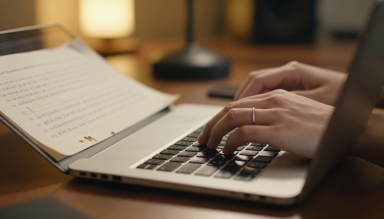 Hands typing lyrics on a laptop keyboard beside handwritten lyrics in a warm music studio