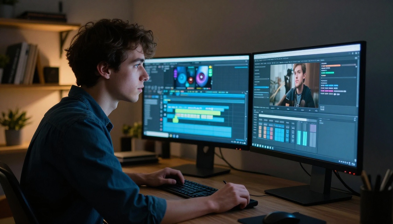 Young video editor working at dual monitors in a dim evening home office Young video editor working at dual monitors in a dim evening home office