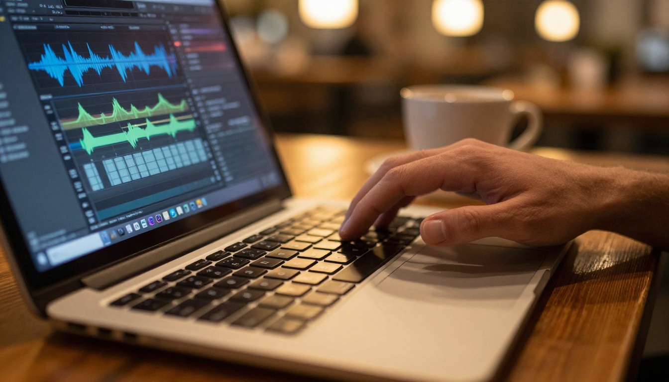 Close-up of hands typing on a laptop with an audio editing interface visible on the screen