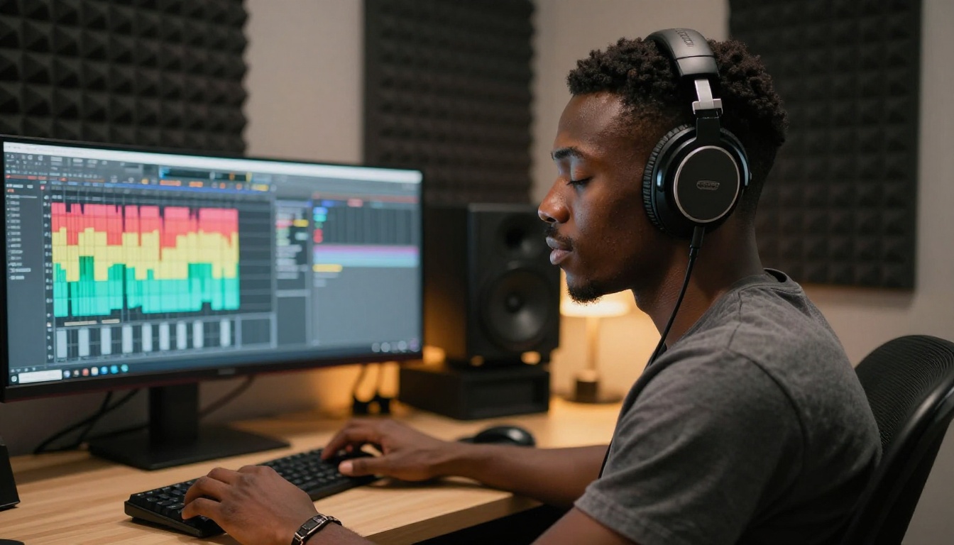 Young Black man wearing large studio headphones, eyes closed in deep concentration at a professional audio production desk with dual monitors
