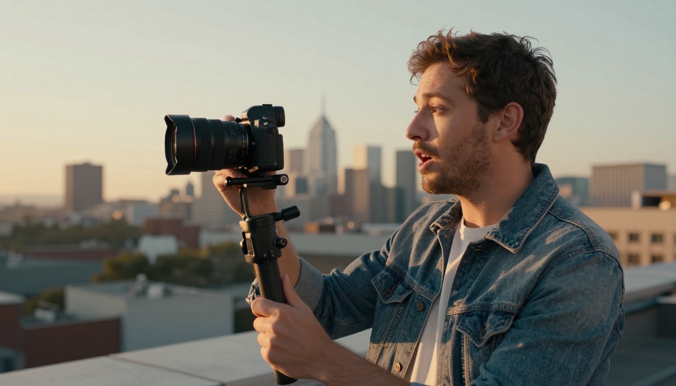 Male content creator filming a travel vlog on a rooftop at golden hour with city skyline behind him