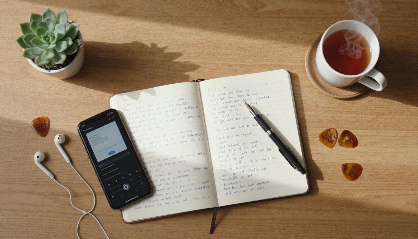 Overhead shot of songwriter's desk with handwritten lyrics notebook, smartphone, and guitar picks in morning light