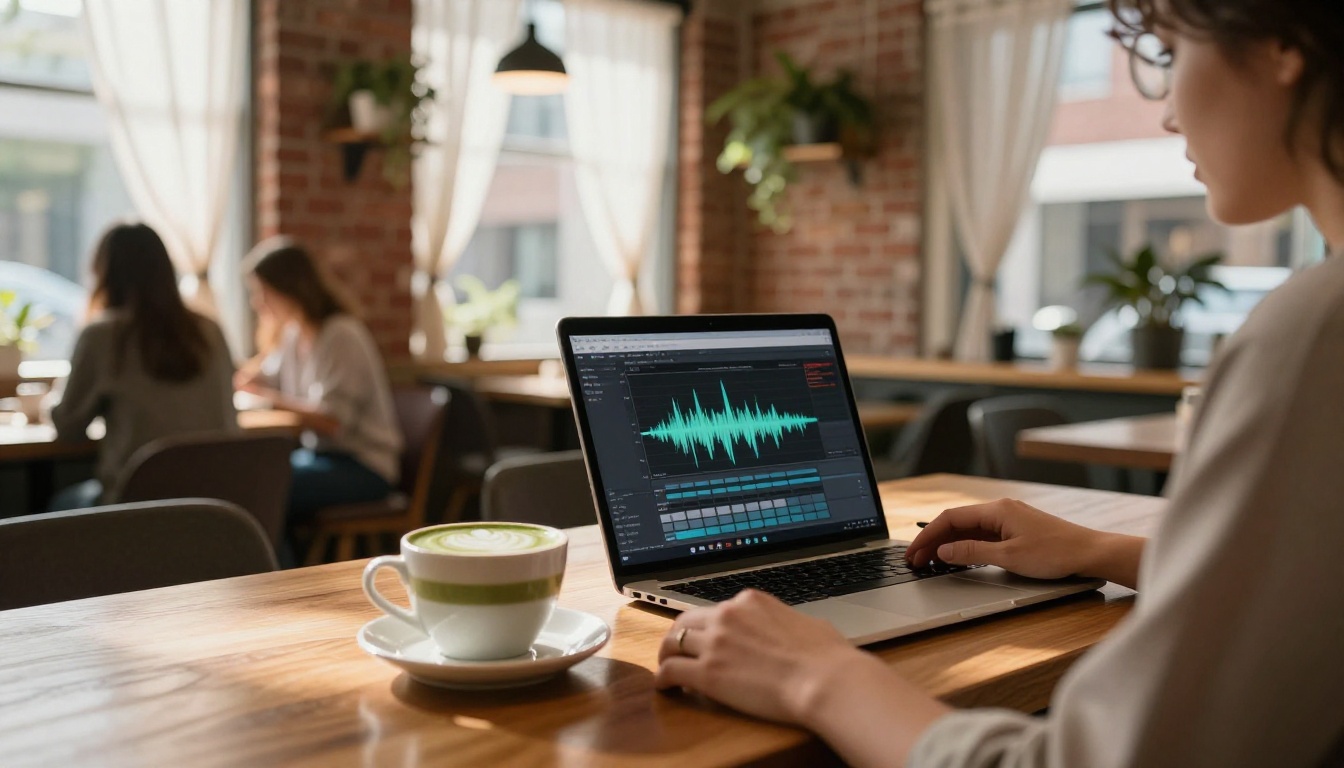 Person working on a laptop at a café table with a matcha latte in the foreground Person working on a laptop at a café table with a matcha latte in the foreground