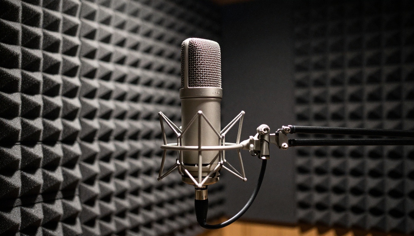 Large vintage condenser studio microphone on boom arm in a professional recording booth with dramatic side lighting