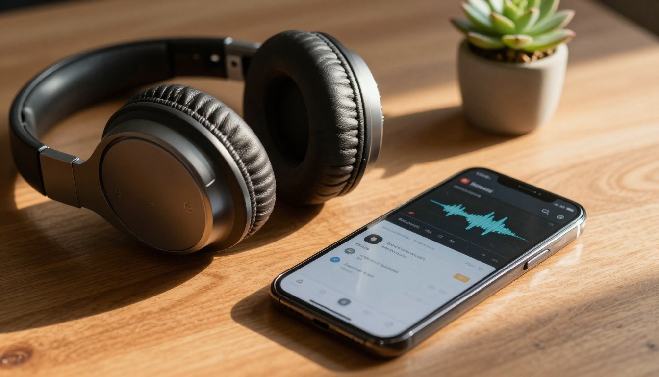Professional studio over-ear headphones on a wooden desk beside a smartphone Professional studio over-ear headphones on a wooden desk beside a smartphone