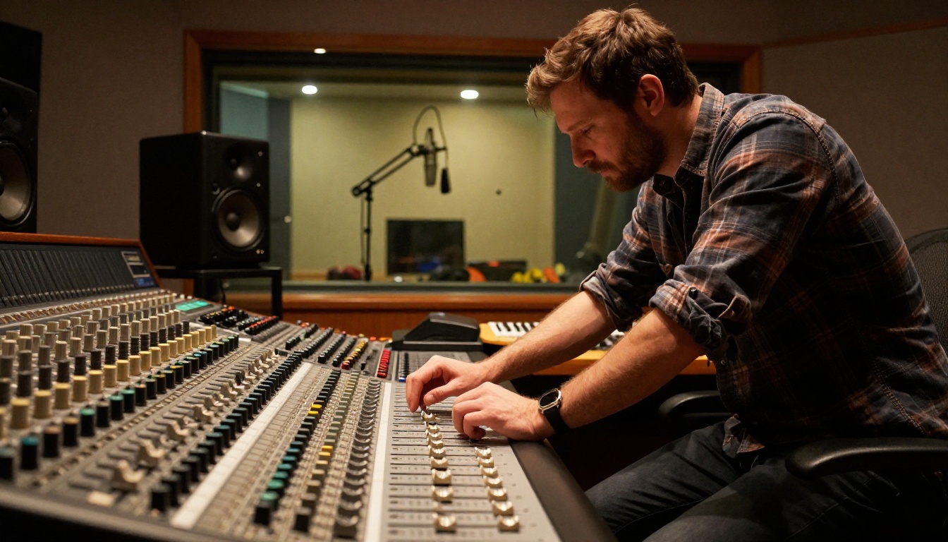 Professional music producer adjusting mixing console faders in a commercial recording studio