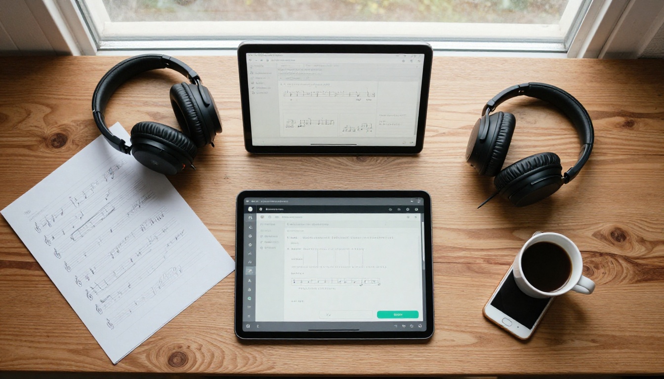 Aerial flat lay of a creative workspace with a tablet, headphones, coffee, and handwritten music notes Aerial flat lay of a creative workspace with a tablet, headphones, coffee, and handwritten music notes
