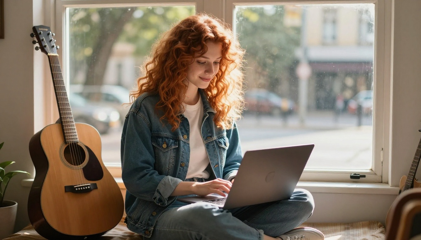 Young woman with auburn hair sitting by a window with a laptop and acoustic guitar in warm afternoon light