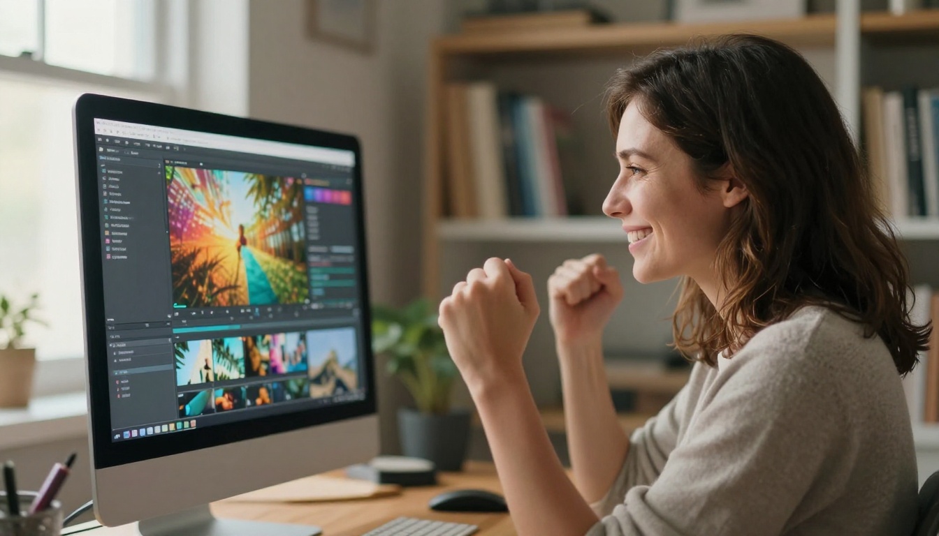 Woman celebrating in front of a desktop monitor showing a completed video export in a sunlit home office Woman celebrating in front of a desktop monitor showing a completed video export in a sunlit home office