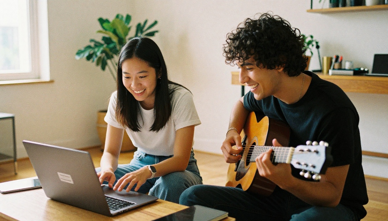 Two friends collaborating on music creation, one playing acoustic guitar while the other types on a laptop in a sunlit apartment