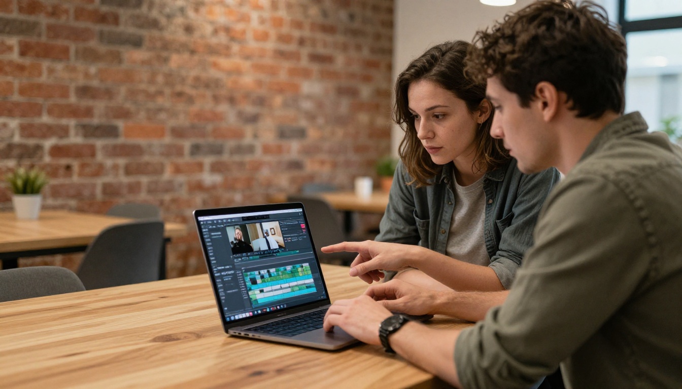 Two people collaborating on a video project on a shared laptop in a co-working space Two people collaborating on a video project on a shared laptop in a co-working space