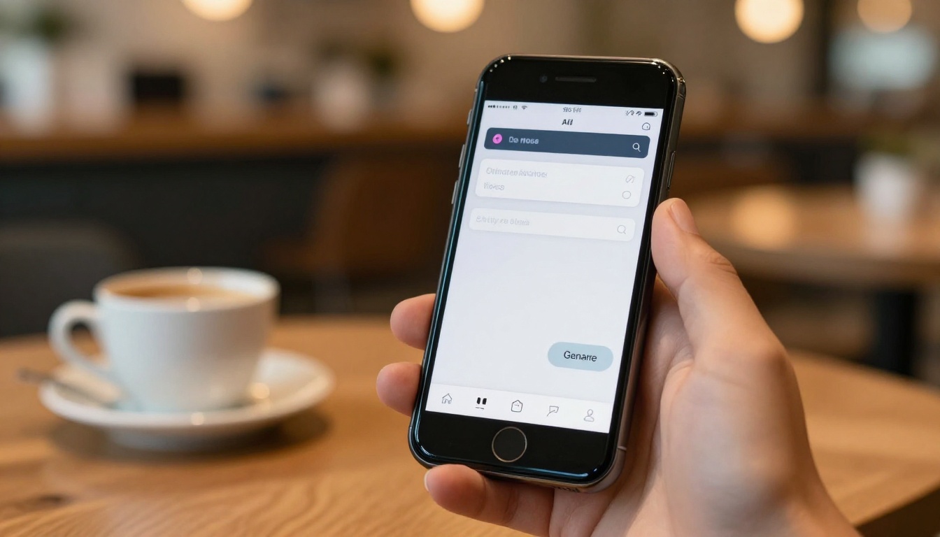 Close-up of a smartphone displaying an AI music generation app with text input field, held against a warm cafe background