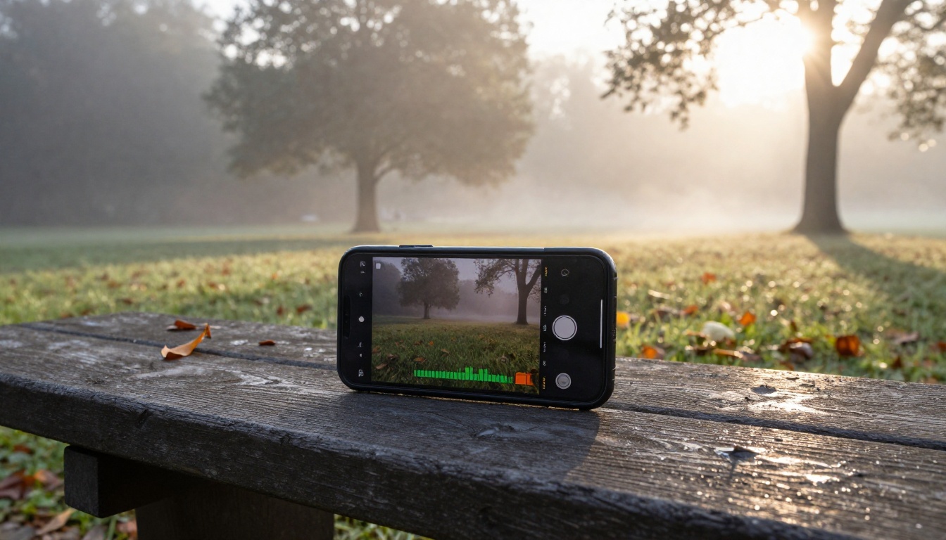 Smartphone on a tripod in a park filming a misty nature scene at sunrise Smartphone on a tripod in a park filming a misty nature scene at sunrise