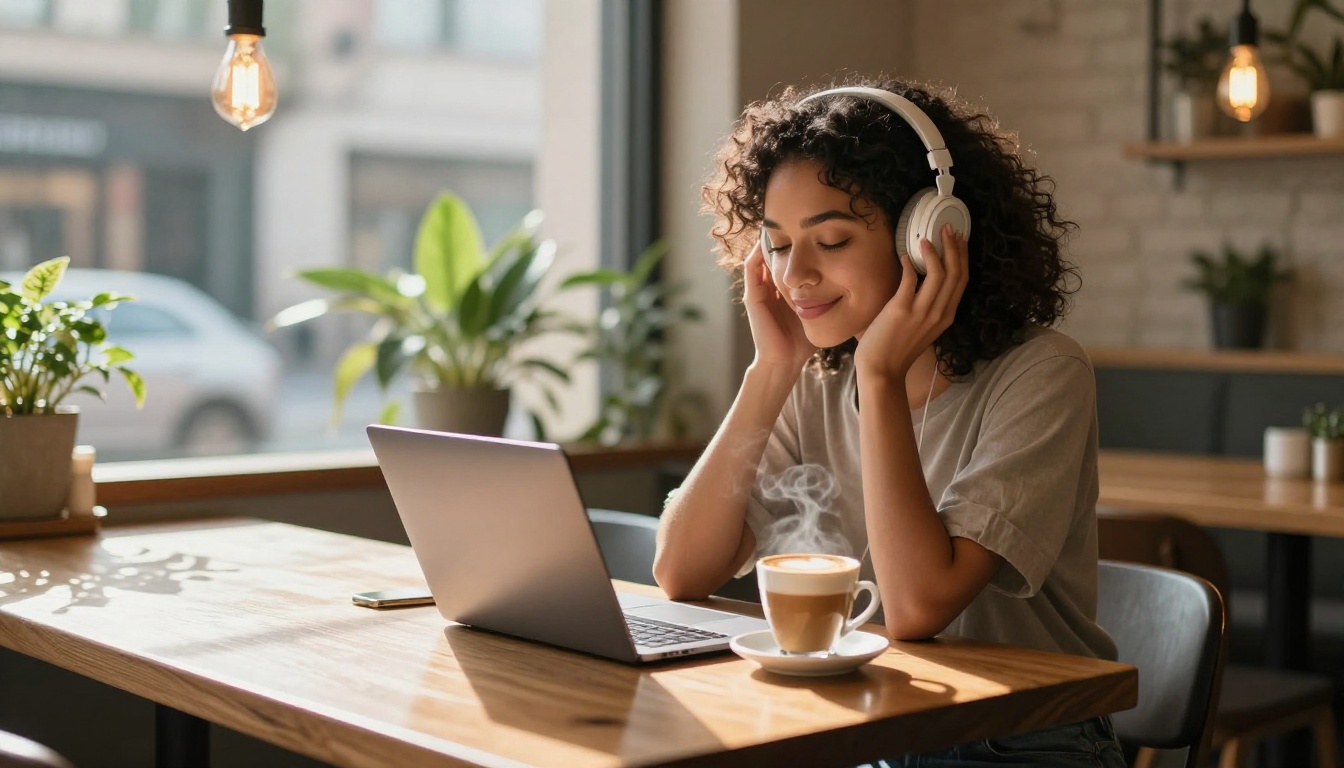 Young woman with curly hair wearing wireless earbuds, listening to music on a laptop with a quiet smile in a warm independent cafe