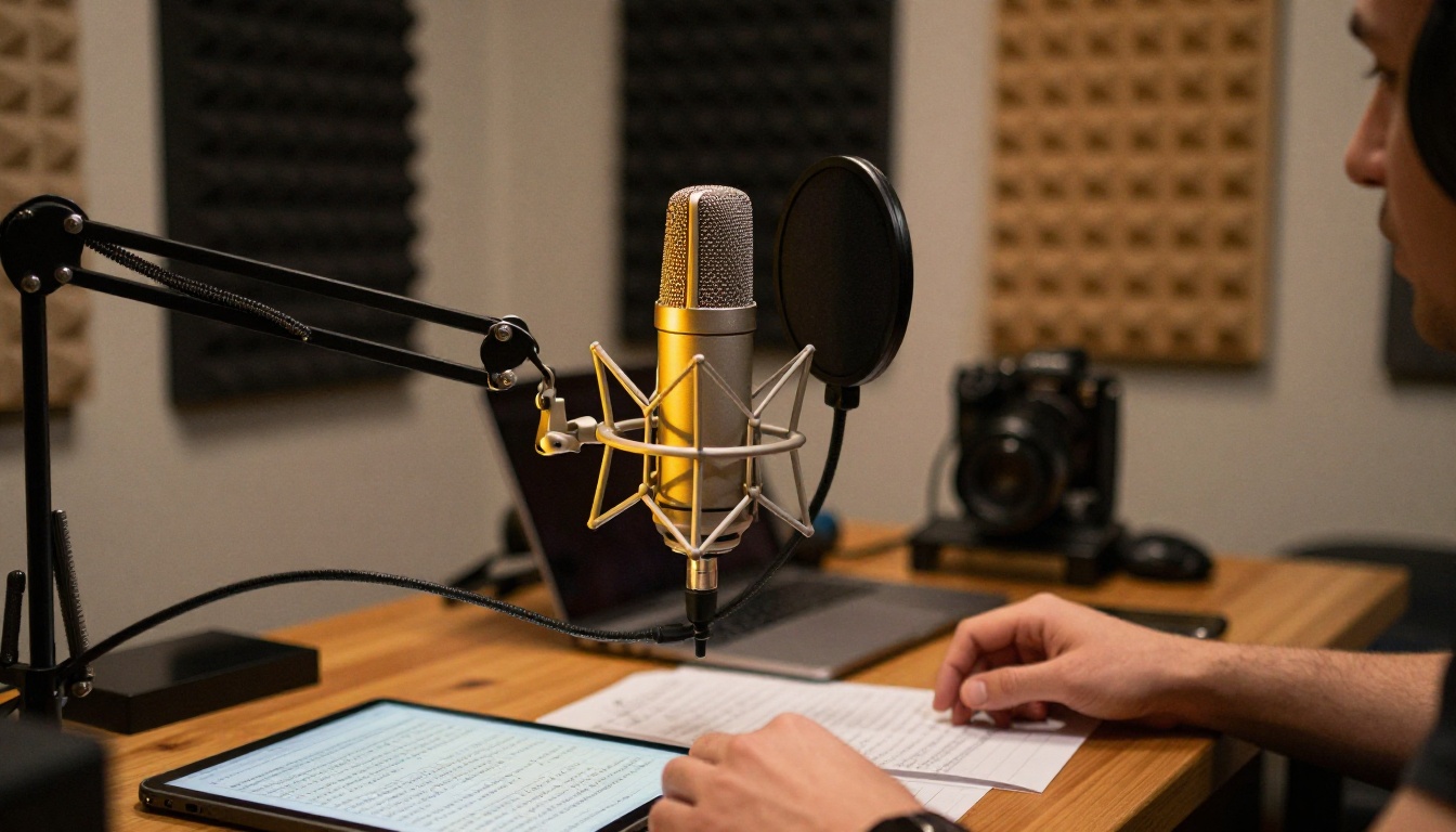 A professional podcast recording setup with a condenser microphone on a boom arm and a tablet showing live transcription text
