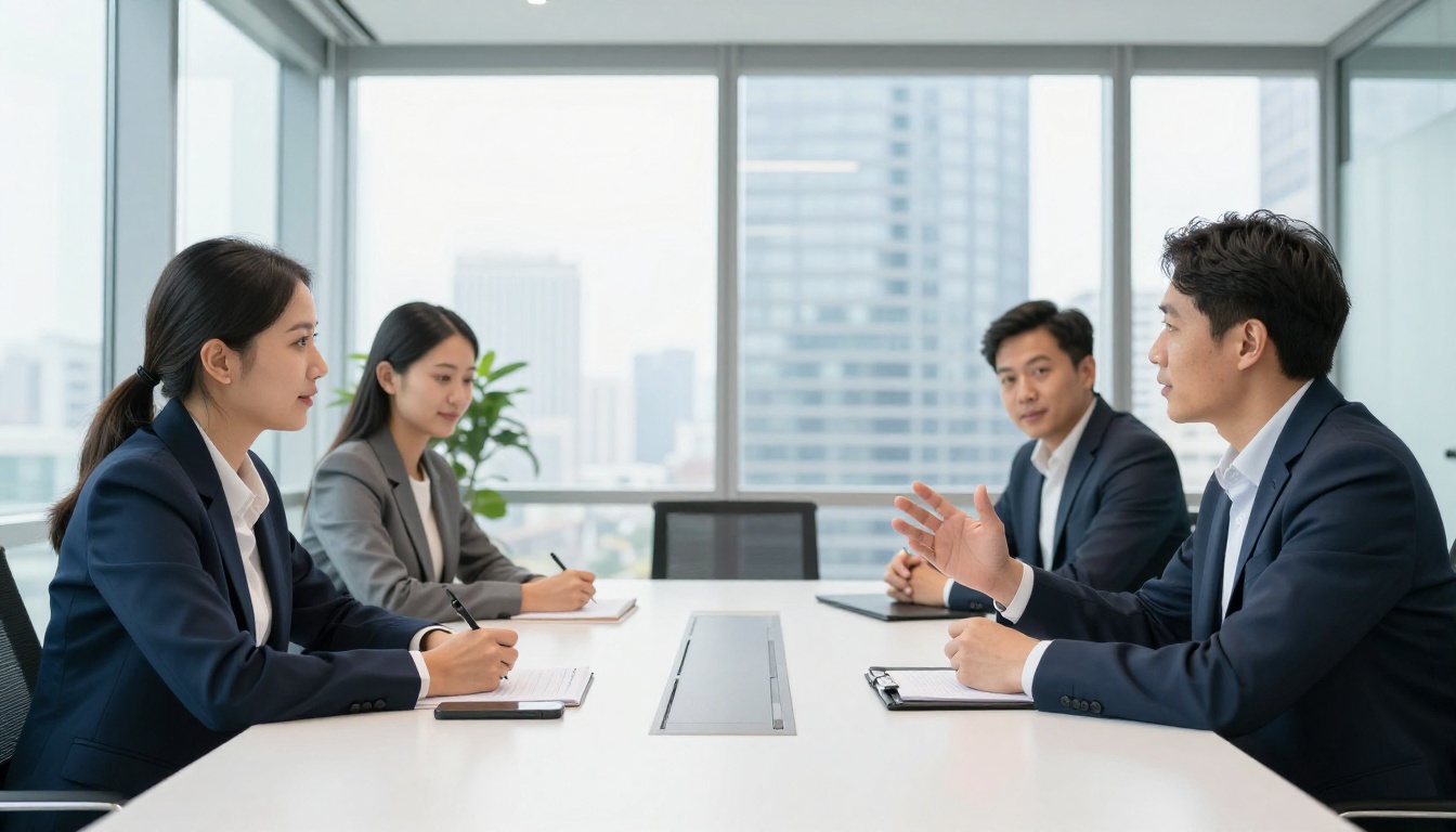 Business professionals in a modern conference room with a recorder on the table during a meeting