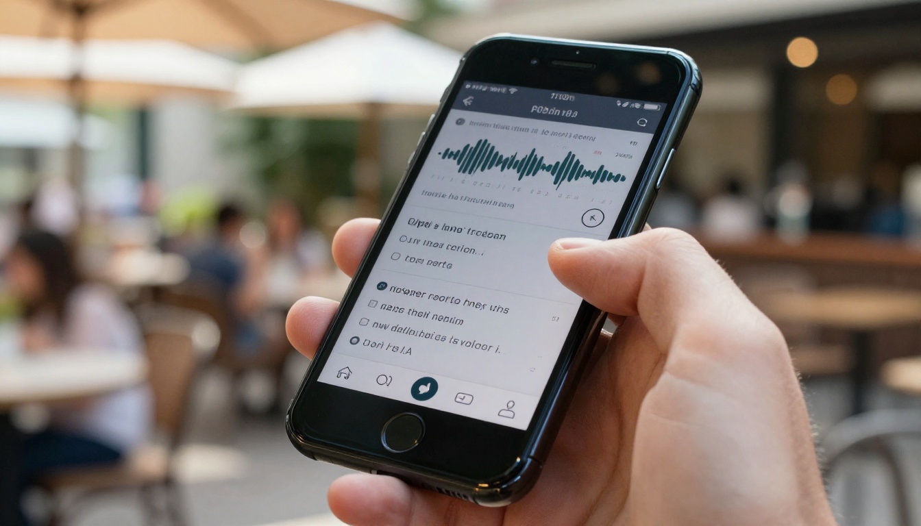 Person's hand holding a smartphone outdoors with a live transcription interface visible on screen showing rolling text and waveform