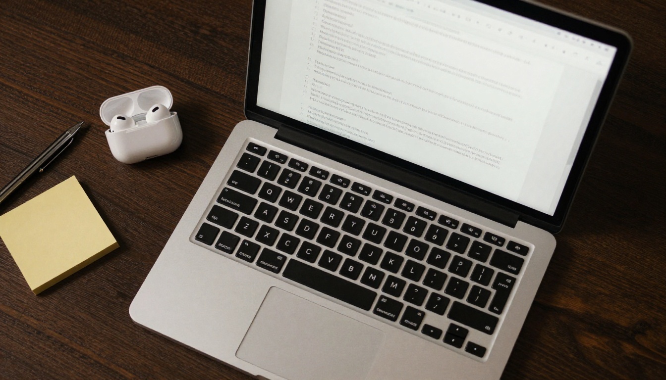 Overhead aerial shot of a laptop on a dark oak desk displaying a clean formatted transcript document with speaker labels and paragraph breaks