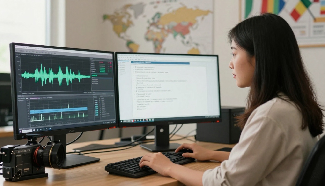 A young woman at a dual-monitor standing desk with transcription appearing in multiple languages across both screens