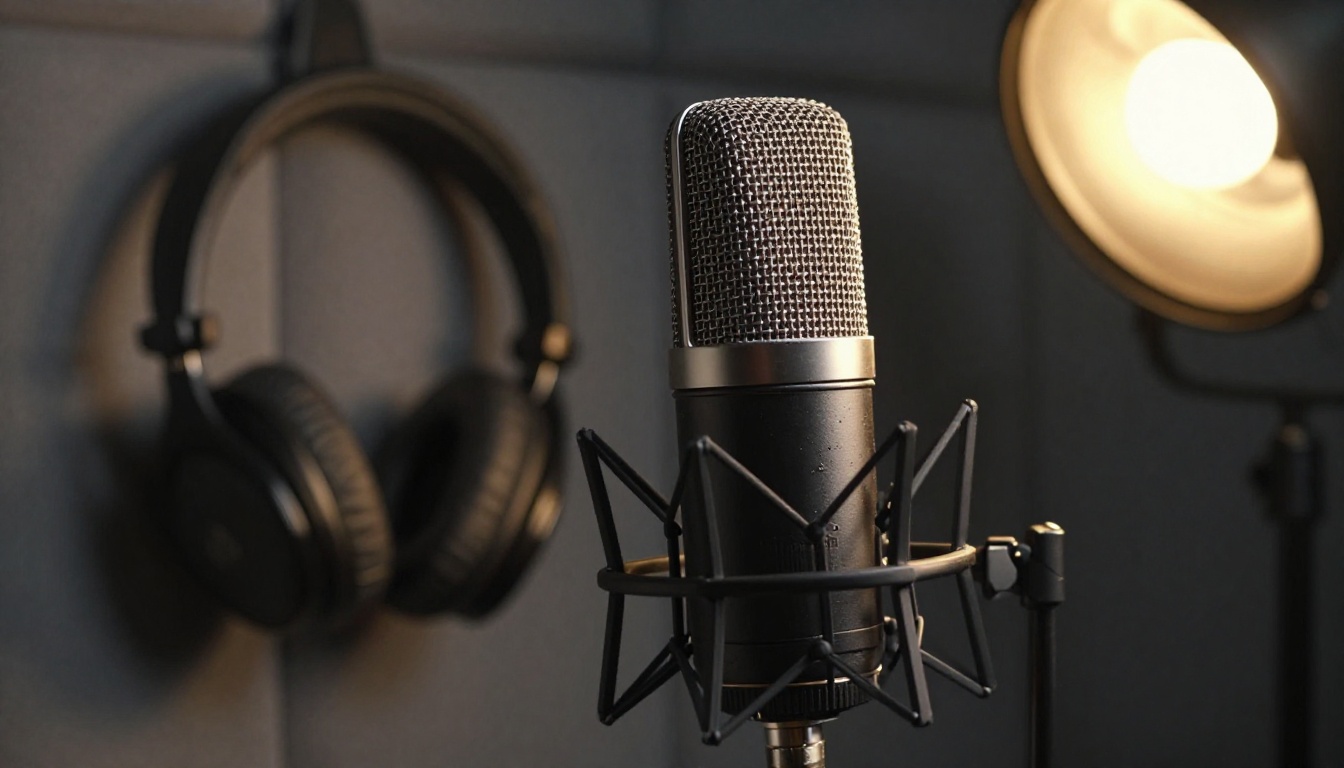 Close-up side profile of a professional studio condenser microphone with warm directional tungsten light and blurred acoustic foam panels in background