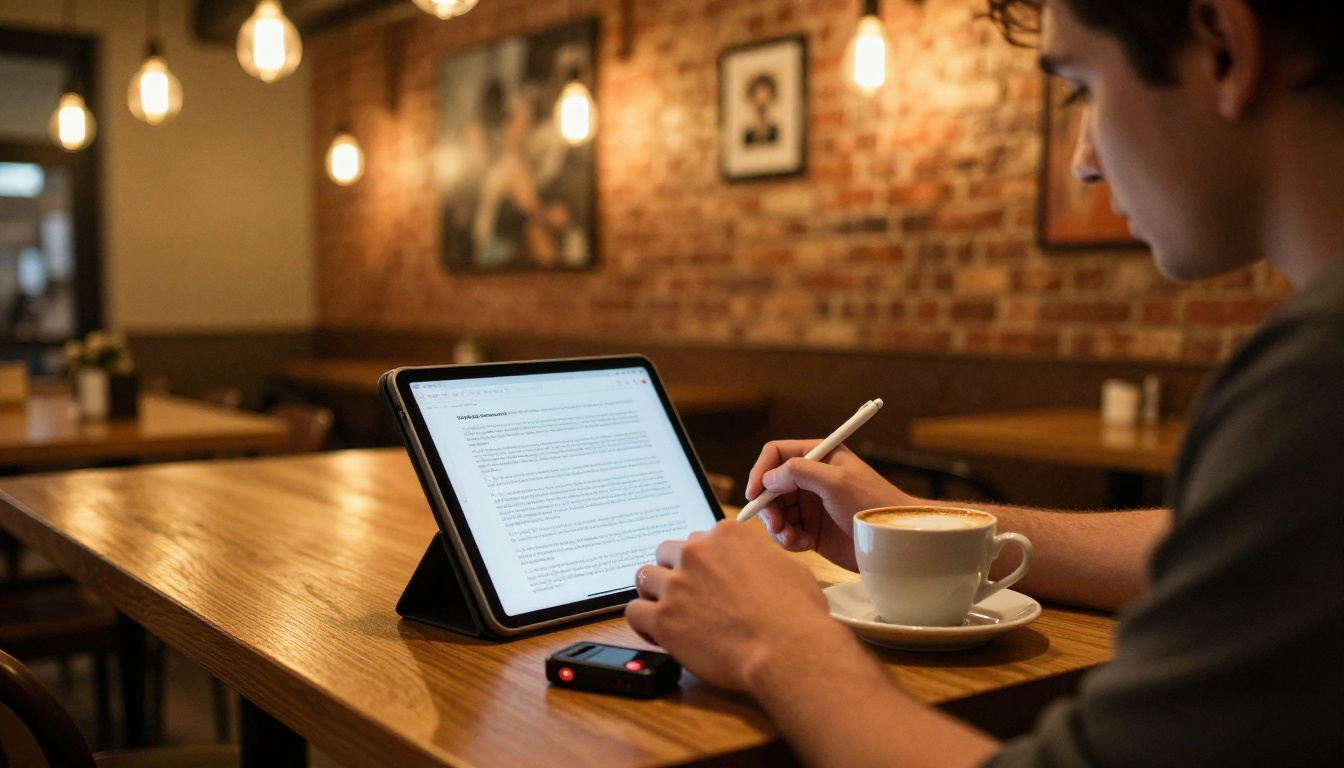 A journalist at a café corner table reviewing a transcript document on a tablet with a stylus, voice recorder on the table beside a coffee cup