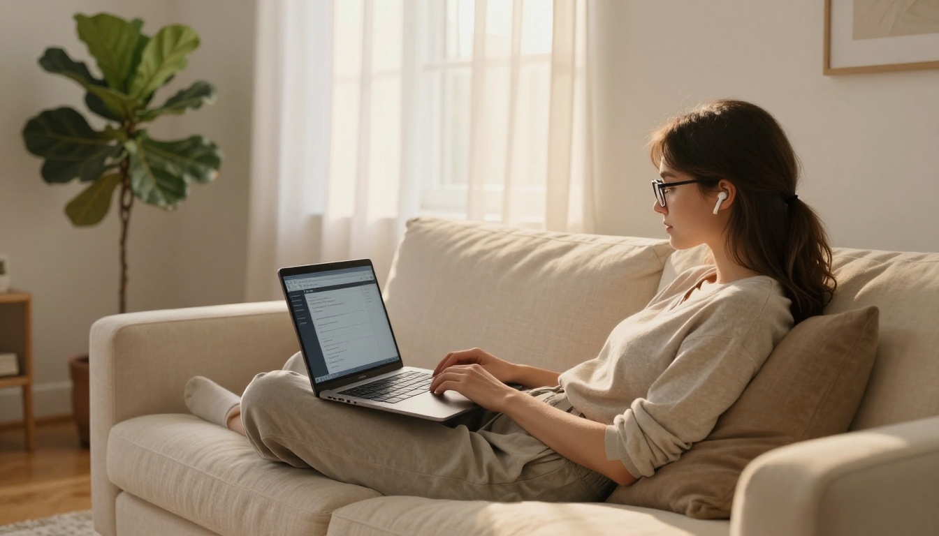 A young woman on a cream linen sofa with a laptop on her knees reviewing a transcription session, warm afternoon light through curtain sheers