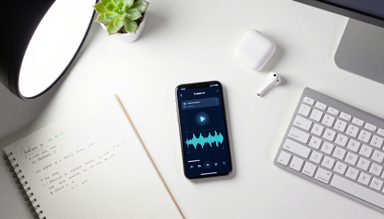 Overhead flat-lay of a clean white desk with a smartphone showing a voice memo recording in progress, a notebook with handwritten notes, and wireless earbuds case beside a mechanical keyboard