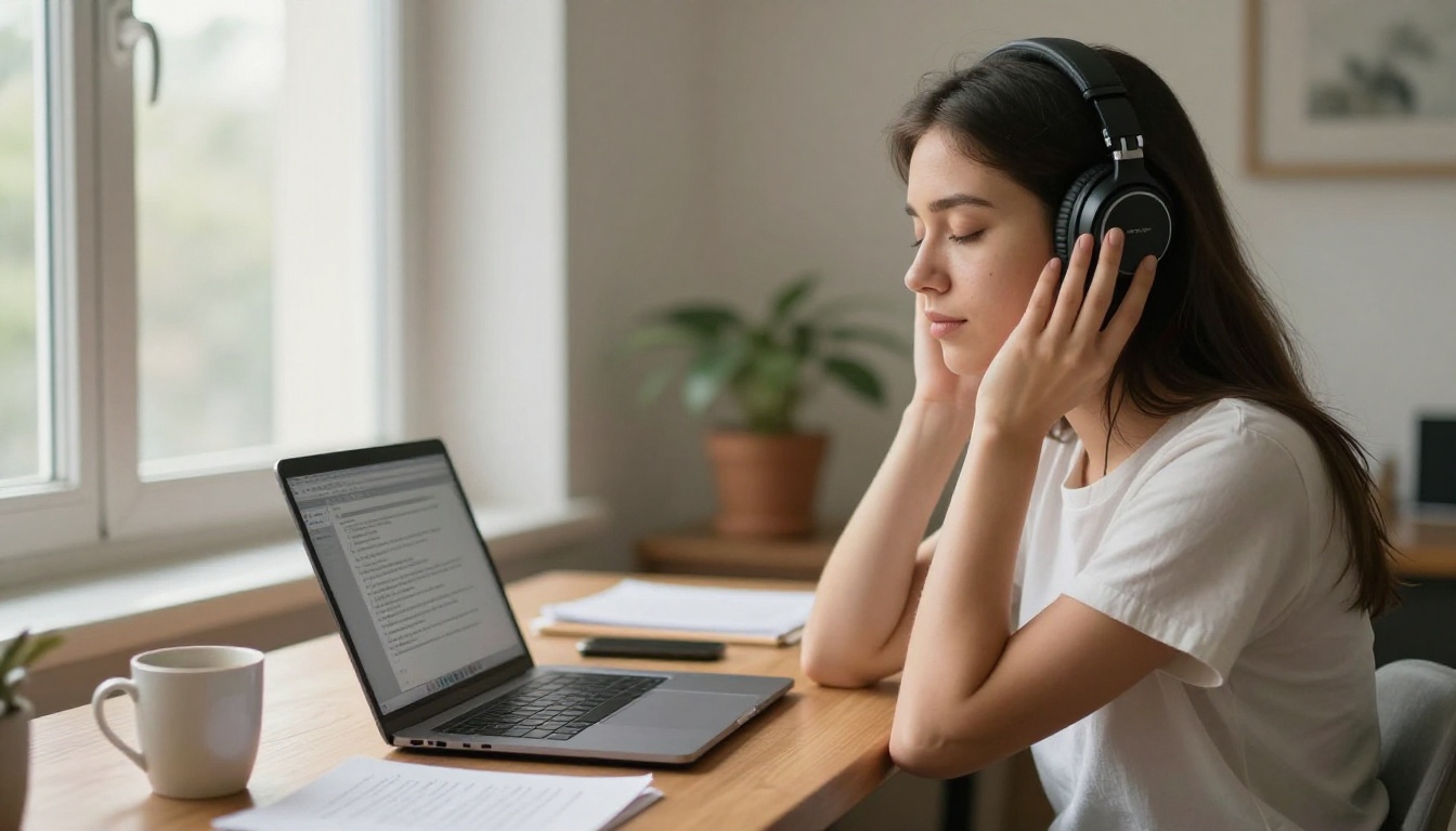Woman wearing headphones listening to podcast while transcription appears on laptop screen Woman wearing headphones listening to podcast while transcription appears on laptop screen