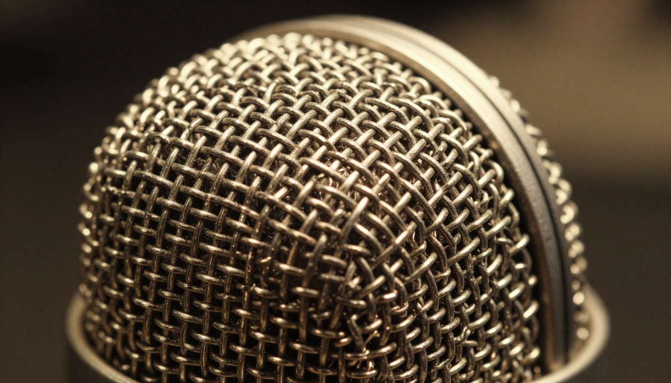 Extreme close-up macro photograph of professional condenser microphone grille texture in warm light Extreme close-up macro photograph of professional condenser microphone grille texture in warm light
