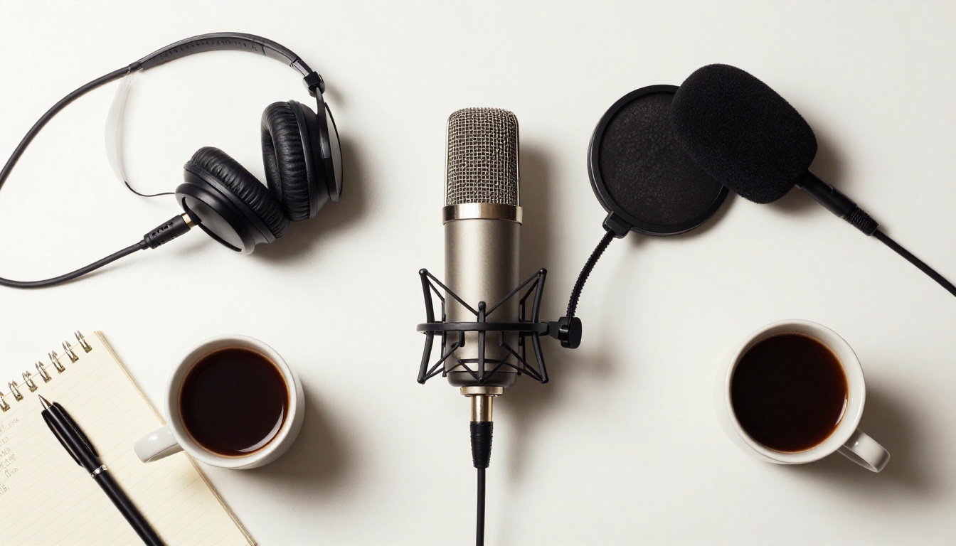 Overhead flat-lay of podcast recording equipment including microphone headphones and notebook Overhead flat-lay of podcast recording equipment including microphone headphones and notebook